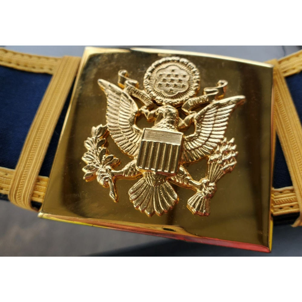 US Army Enlisted Ceremonial Blue Belt with Gold Stripes and Gold Eagle Buckle